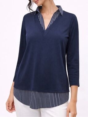 Adrianna Papell Blouse XS NWT Navy Layered Preppy Stripe Collar Lightweight